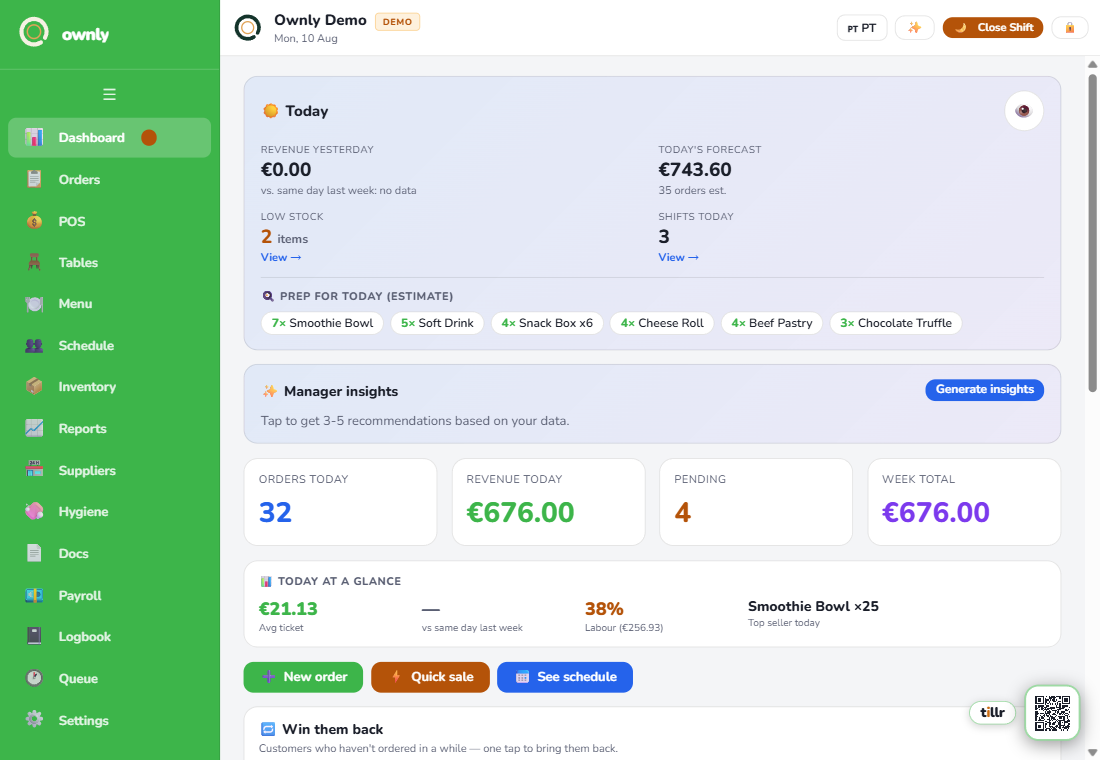 The ownly dashboard on a tablet: today's revenue, live orders, prep list and staff shifts on one screen.