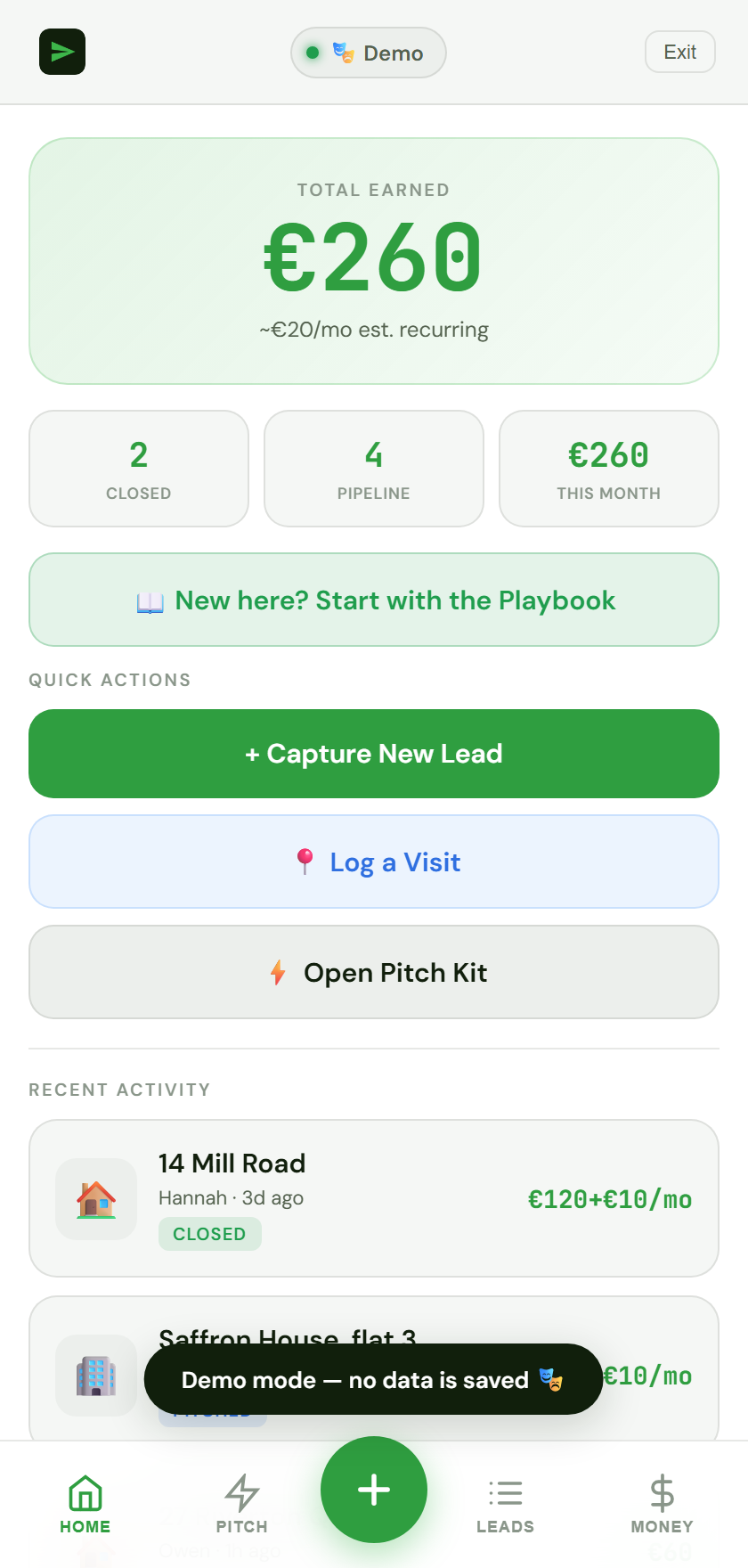 pitchpilot app — rep dashboard